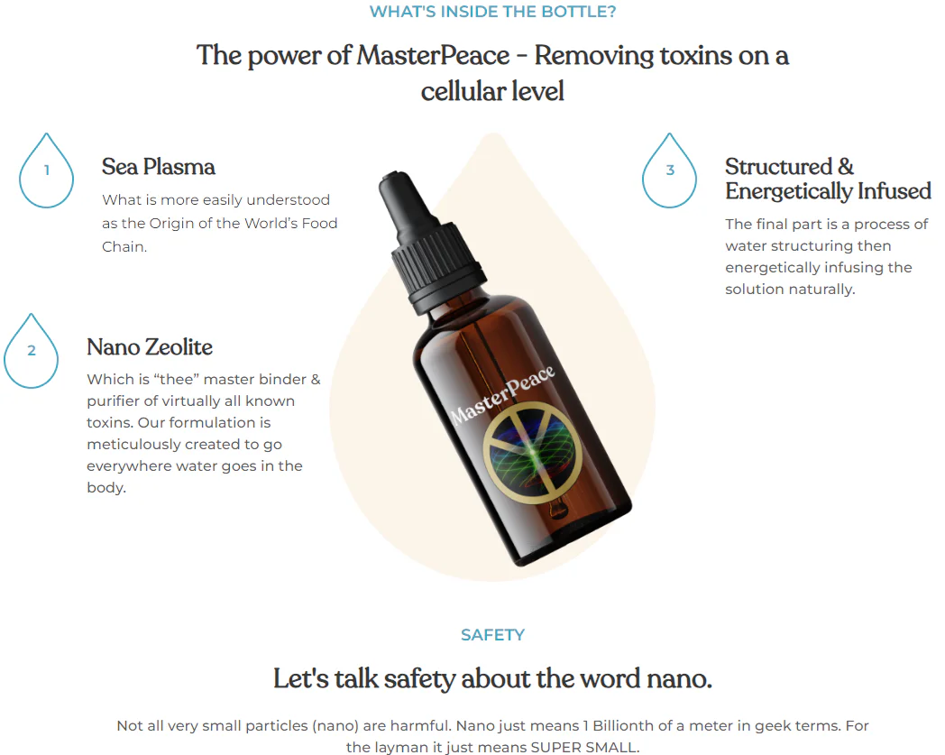 MasterPeace Zeolite dropper bottle used as an educational symbol for clinoptilolite, binder safety, detox pacing, and supplement caution.