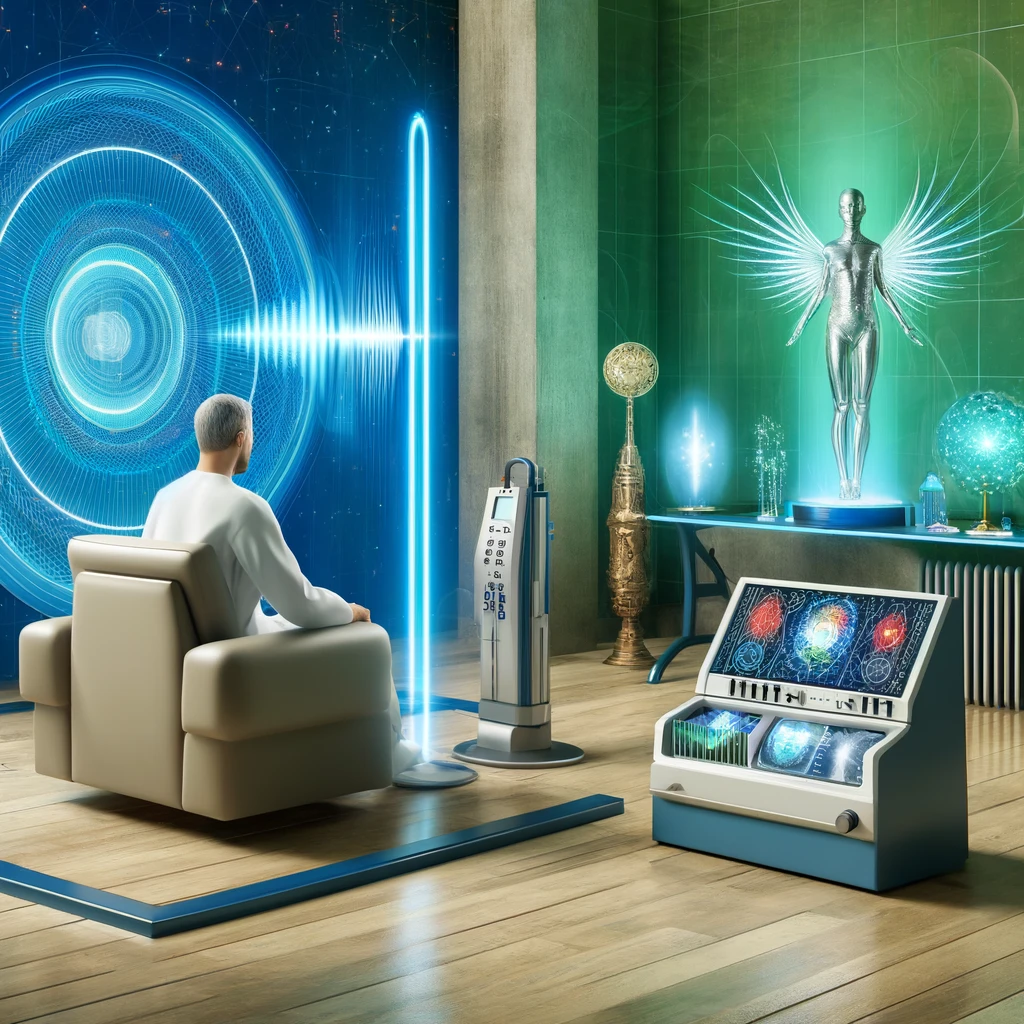 A calm workspace scene with a biofeedback headset, journal, and warm tea—symbolizing non-medical frequency diagnostics, nervous system regulation, and steady stress resilience.