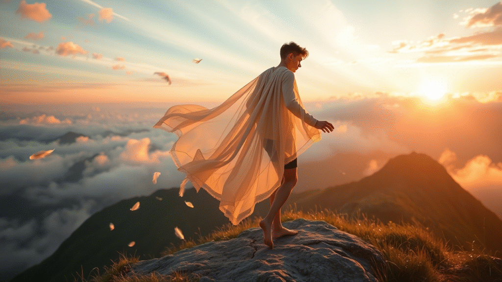 young man or woman walking barefoot along a mountain ridge at sunrise