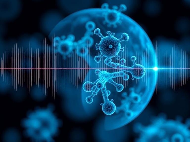 A minimal, calm desk scene with a small blue-tinted dropper bottle beside a journal—symbolizing steady cellular energy, focus, and nervous-system-safe vitality.