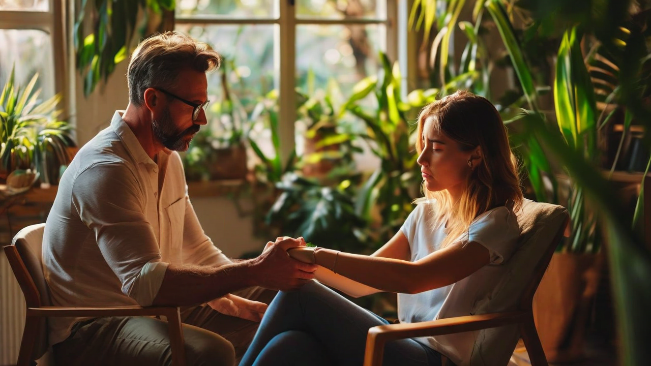 Trauma release session practitioner holding the client’s wrist to support meridian-based checking