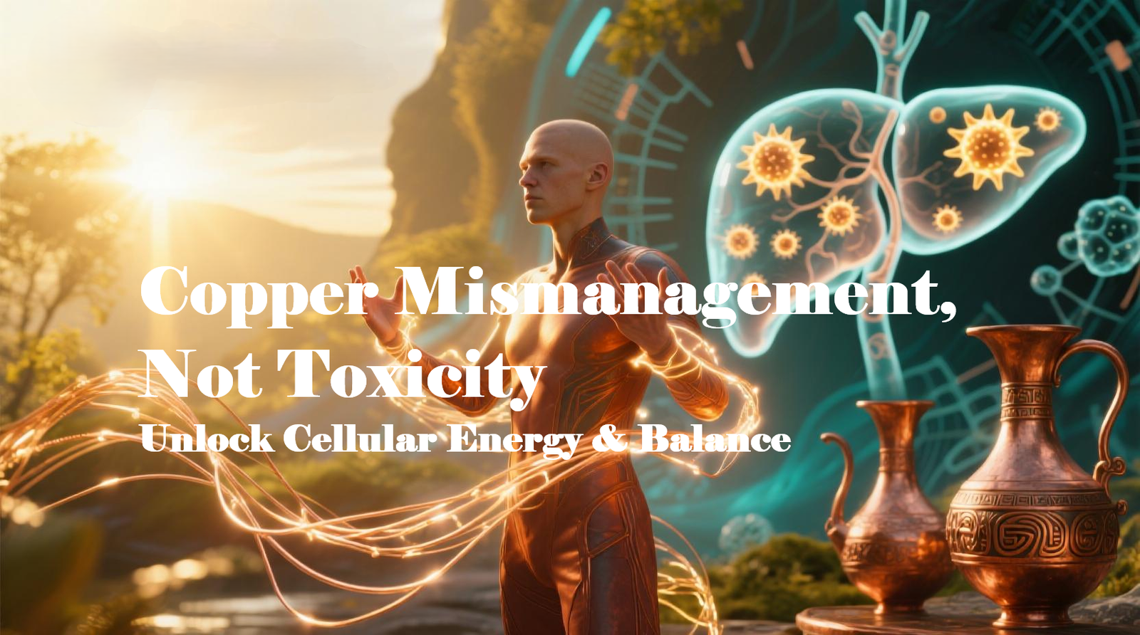 Copper balance and ceruloplasmin support — a calm, glowing cellular “energy network” concept image