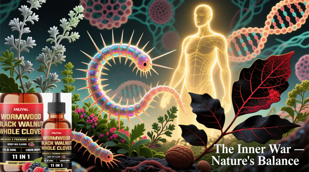 Educational image of herbs, foods, and gut-resilience concepts used to discuss parasite-related wellness concerns without diagnosis or treatment claims.