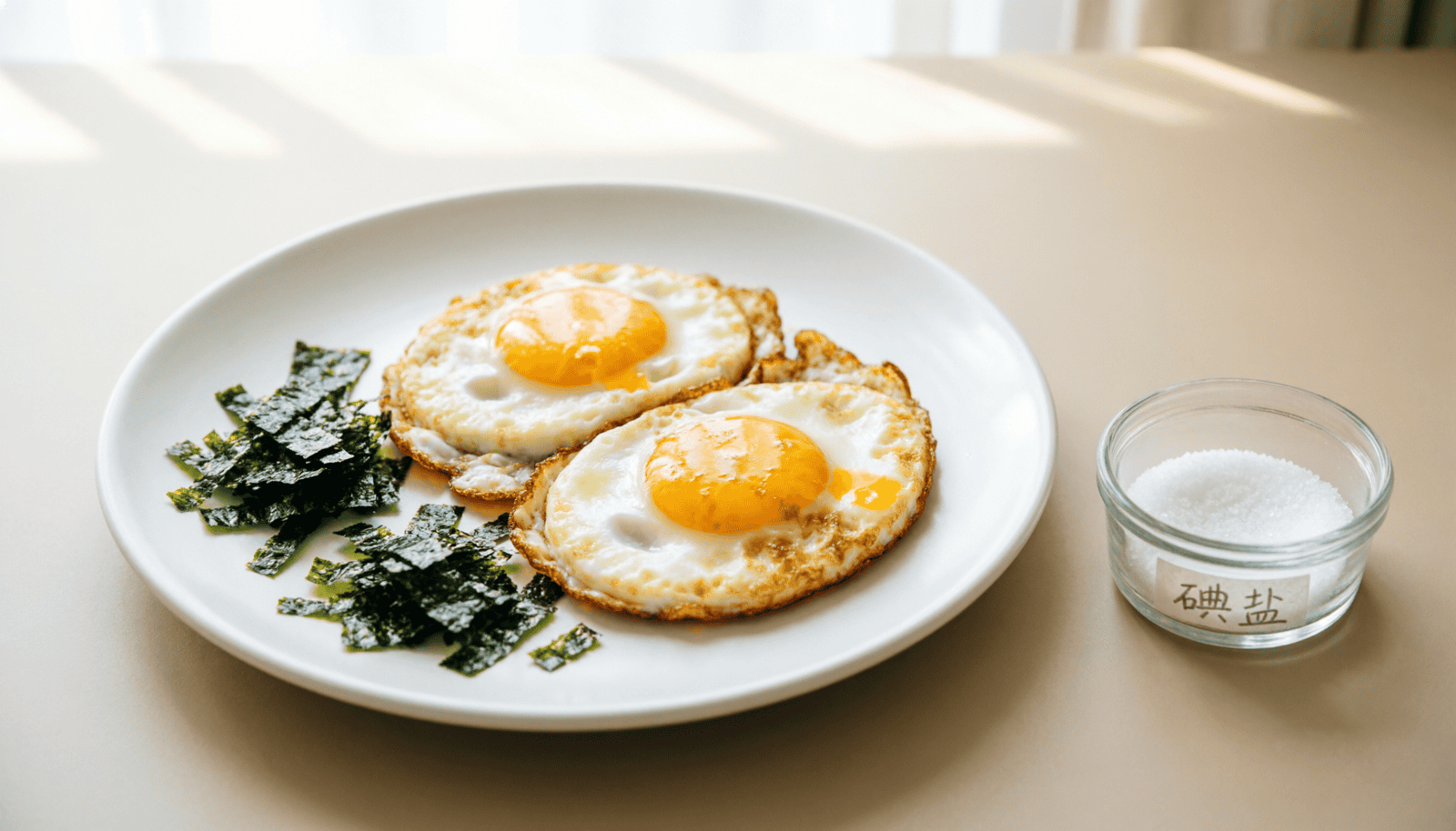 A simple mineral-forward breakfast scene with seaweed flakes, eggs, and a small bowl of labeled iodized salt—symbolizing steady thyroid support and metabolic rhythm.